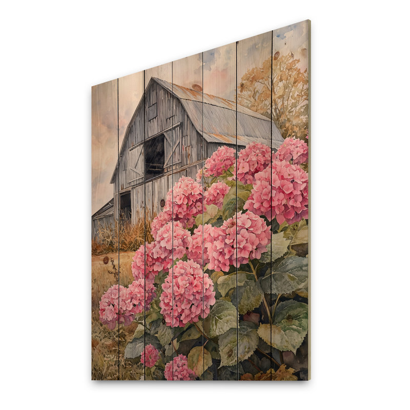 Hydrangeas In The Old Farmyard - Hydrangea Wood Print - On Natural Pine Wood, 44" H x 34" W x 0.78" D