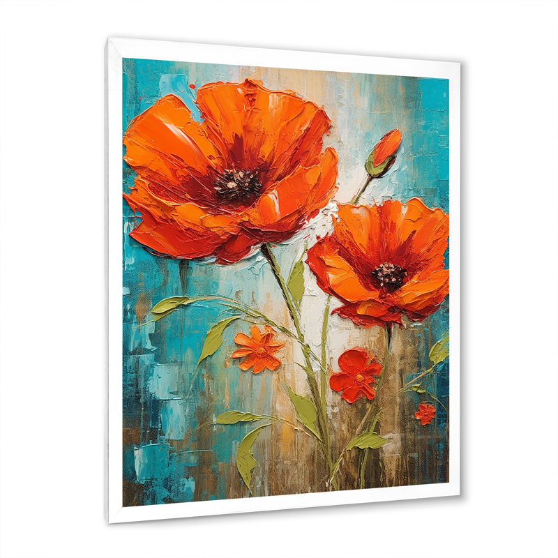 «Blossoming Red Poppes On Teal Sky», reproduction sur toile, Cadre simple blanc, H 32 po x l 24 po x P 1 po