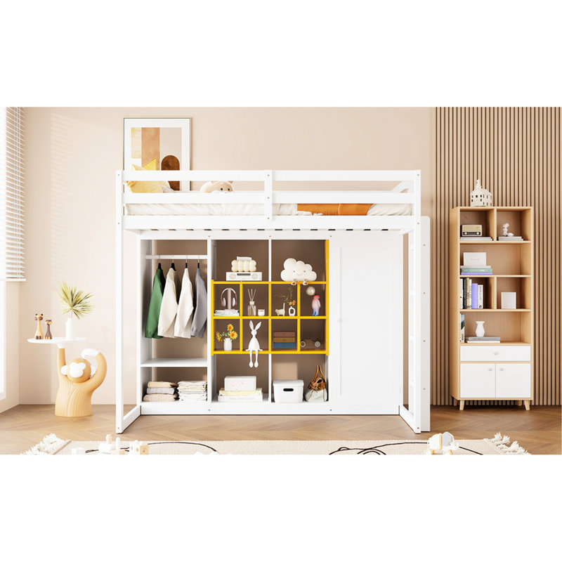 Lit mezzanine simple en bois blanc et jaune, réversible, rangement spacieux, garde-corps pleine longueur pour garde-corps, rangement quotidien