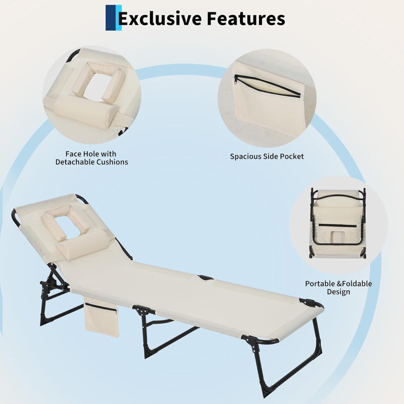 Portable Folding Patio Lounge Chair with Face Hole – 5-Position Adjustable Backrest, Pillow & Side Pocket – Outdoor Tanning Chair for Beach, Poolside, Blue