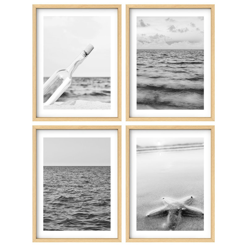 «Grayscale Beach Ocean Star Bottle Nature Wilderness Photographie Modern Decor» 4 pièces, Or, H 14 po x l 11 po