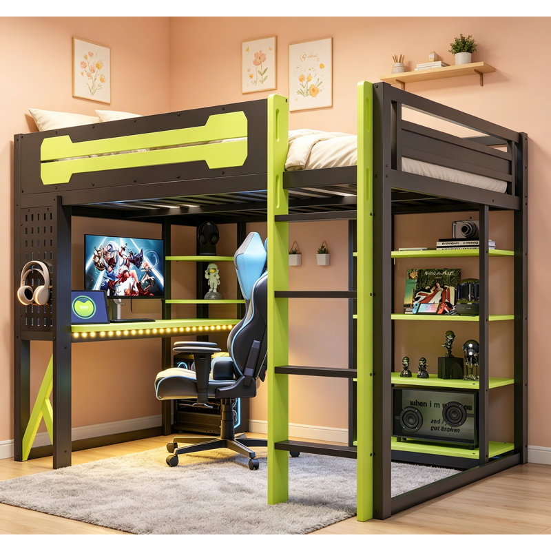 Lit mezzanine en bois pleine grandeur avec bureau, tablettes, prises de courant, ports USB / Type-C et lumière RVB, noir et vert