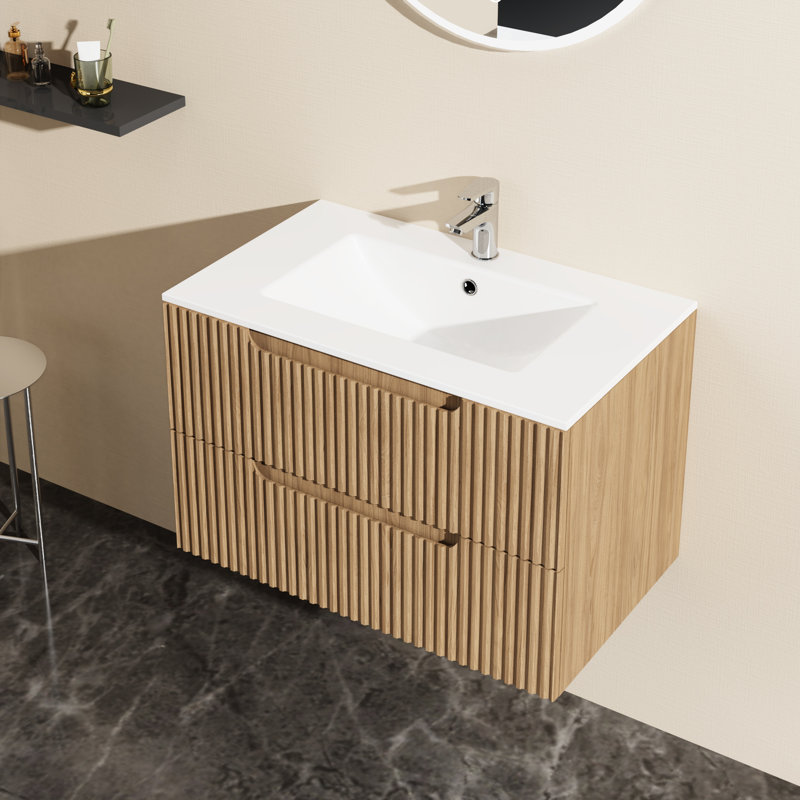 Meuble-lavabo mural flottant 30 po, noyer, système de fermeture en douceur, grands tiroirs pour accessoires, style contemporain Mid-Century avec lavabo, tiroir, deux grands tiroirs de rangement,
