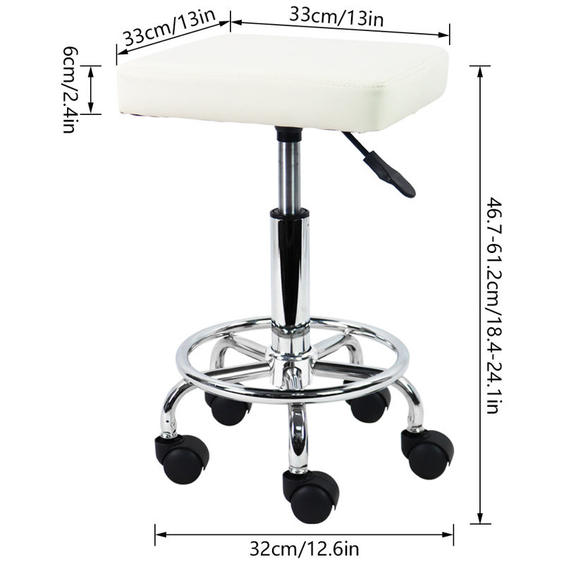 Small Square Height Adjustable Rolling Stool with Foot Rest for Spa Drafting Salon Tattoo Work, White