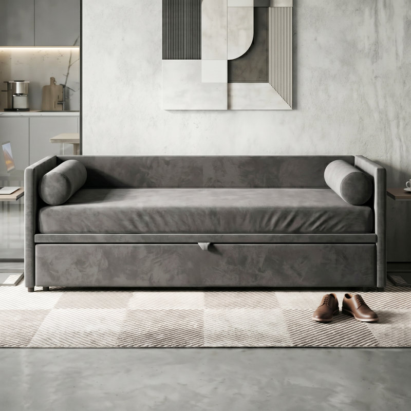 Velvet Upholstered Extendable Daybed With Pop-Up Trundle, 3-In-1 Sofa Bed Converts To Double, Beige & Grey , Gray