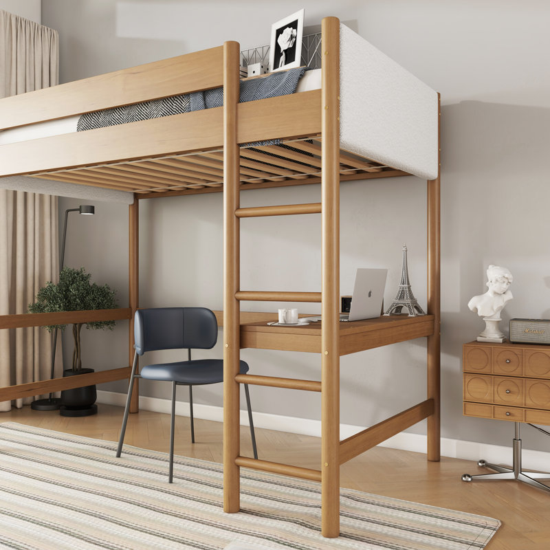 Lit mezzanine avec bureau, structure de lit mezzanine avec échelle, garde-corps de sécurité, bois d'hévéa, tête et pied de lit en tissu molletonné