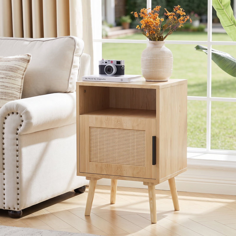 22.83'' H Rattan Nightstand, Side Table with Door Open Shelf, Accent Bedside End Table with Solid Wood Legs for Bedroom, Dorm and Small Spaces, Oak