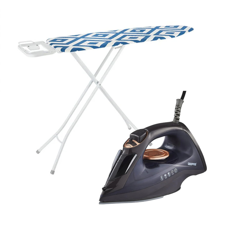 GEEPAS Steam Iron & ROYALFORD Ironing Board Set | 2400W Ceramic Soleplate Adjustable Steam Control 220ml Water Tank | 114x33cm Foldable Board with Cotton Cover Height Adjustment Iron Rest