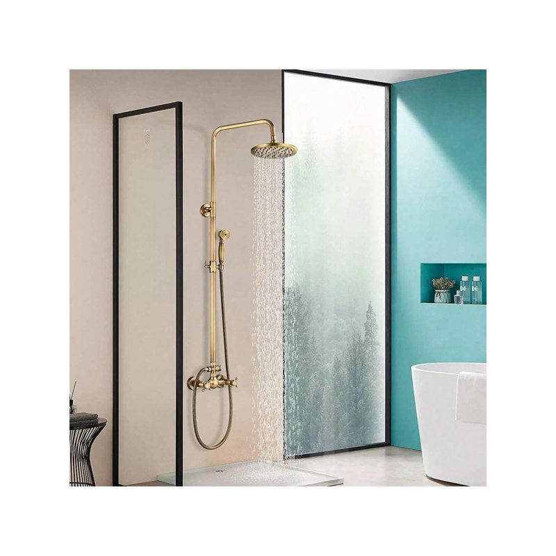 Système de douche mural antique, robinetterie apparente en laiton avec pommeau de douche effet pluie de 20 cm et douchette à main à 2 poignées en croix, hauteur réglable.