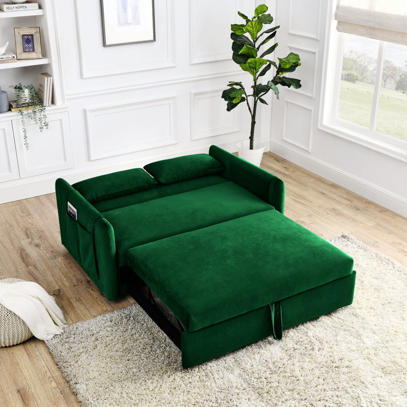 Leiyla Modern 55" Convertible Sofa Bed with Detachable Arm Pockets, Green Velvet
