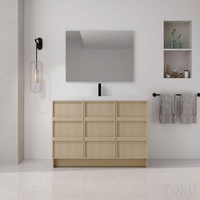 Meuble-lavabo autoportant 48 po avec lavabo en résine et 3 portes d'armoire à fermeture en douceur, contreplaqué, chêne Dune