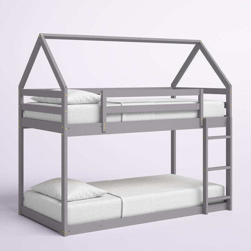 Twin Over Twin Bunk Bed With House-Shaped Frame And Ladder, Grey