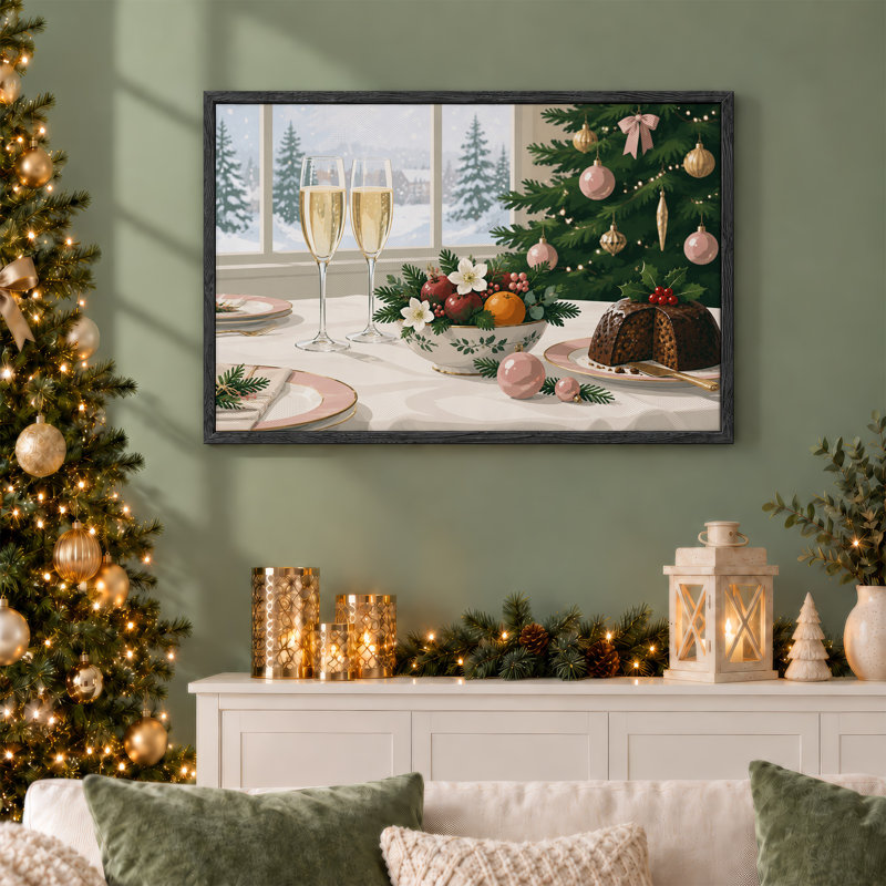 «Champagne Flutes and Pudding on Winter Table Christmas», art mural sur toile, H 32 po x l 48 po