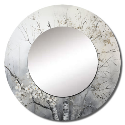 Grey Tree Monochrome Reverie - Monochrome Large Wall Mirror, Traditional Round Decorative Mirror, Printed Metal Art