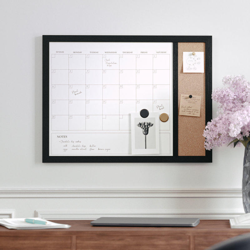 Thomas Martha Stewart Magnetic Dry Erase Monthly Calendar and Cork Board Combo with Included Marker, Magnets, Black
