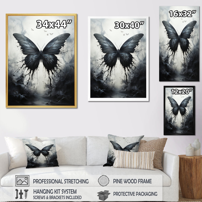 Papillon - Métamorphose monochrome - Décoration murale papillon, H 44 po x l 34 po x P 1,5 po, Cadre simple noir