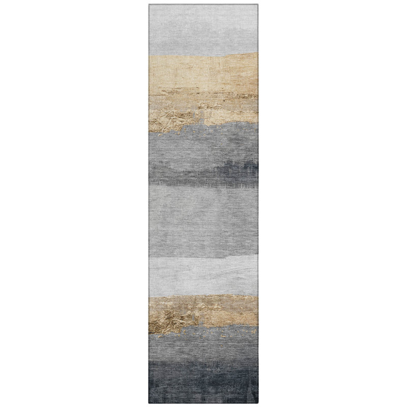 Machine Washable Indoor/Outdoor Xhevrie Gold Rug, Runner 2'3" x 7'6" 
