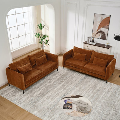 Canapé moderne 3 + 3 places avec pieds en métal, canapé 3 + 3 moderne en chenille confortable pour salon, appartement (caramel)