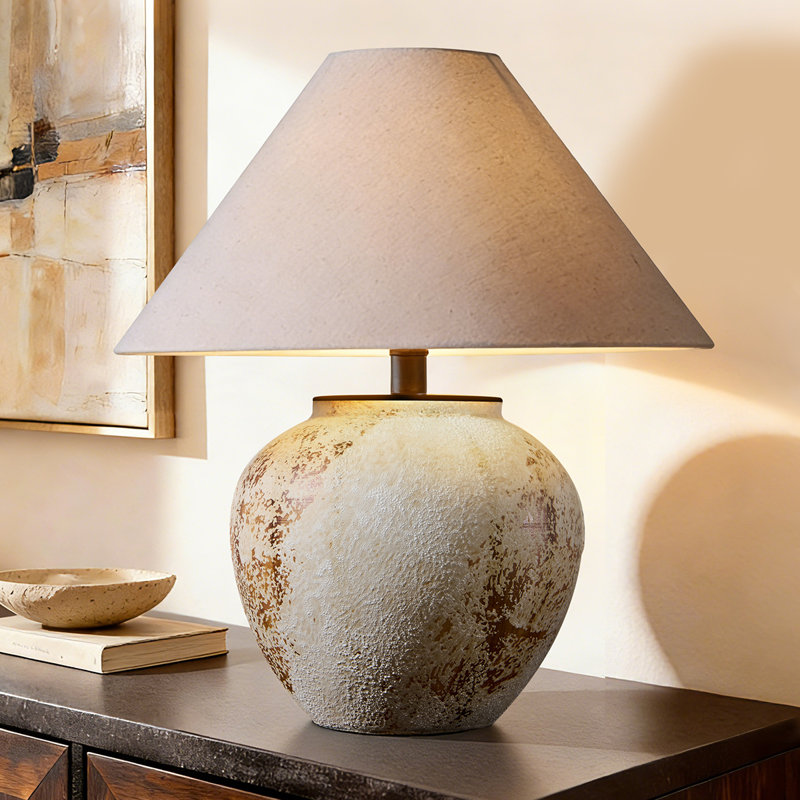 Iftikar Rustic Earthenware Table Lamp With Linen Shade & Free LED Bulb — Compact Accent Lamp For Bedroom, Living Room Or Entryway