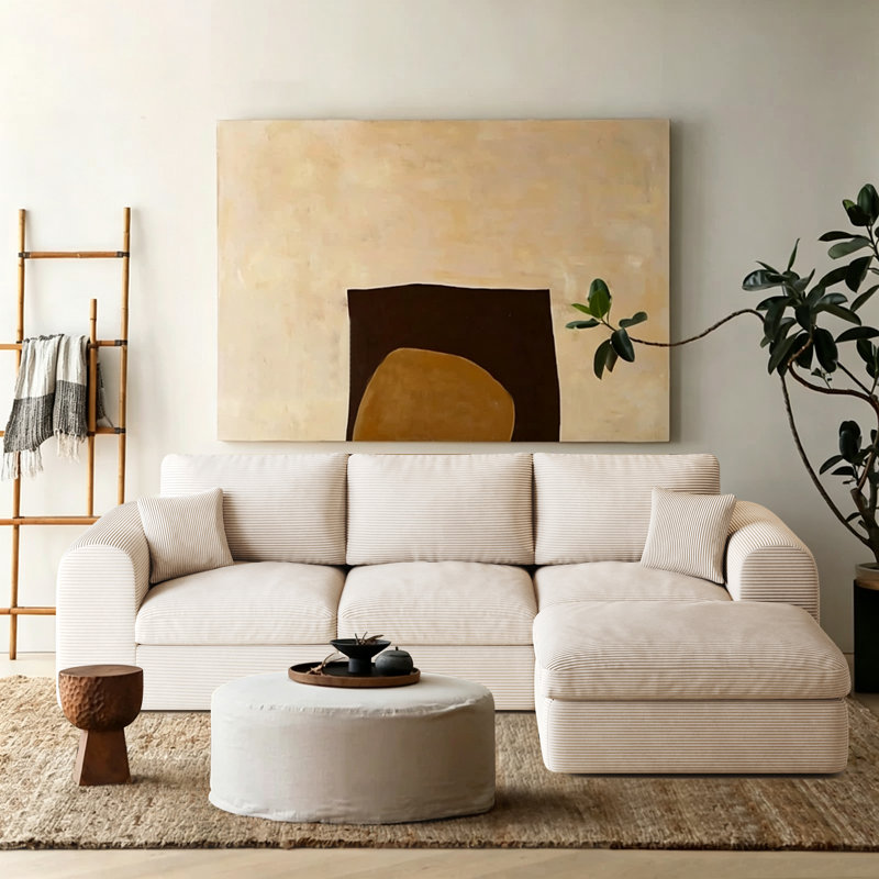 108" Boneless Couch for Living Room, Compression Cloud Couch with L-Shape Ottoman, Deep Seat Corduroy Modular Sectional Sofa, No Assembly Required (Beige, 3 Seater + Ottoman)