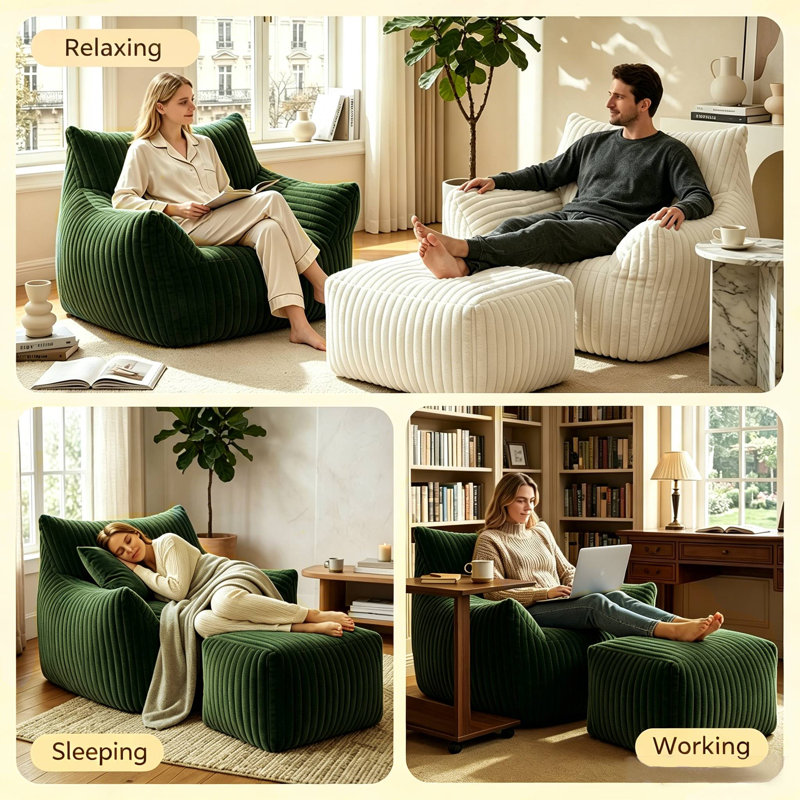 Canapé avec repose-pieds Corduroy, Vert