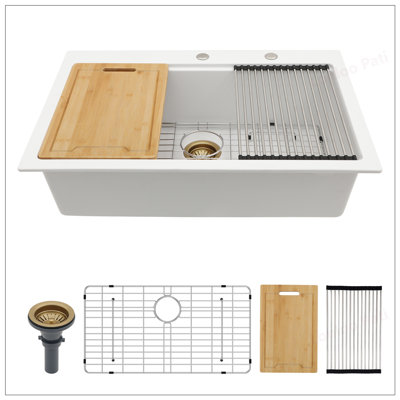 Durable White Granite Composite Workstation Kitchen Sink with Accessories, 33x22 Inches, Noise-Reducing and Easy to Clean