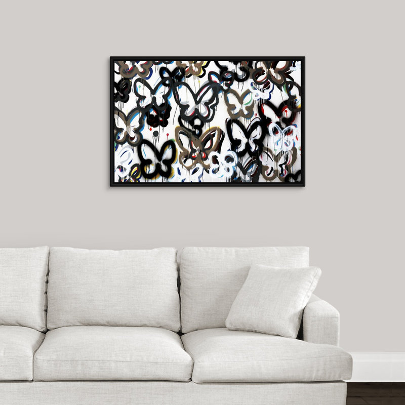 « papillon de fond ii », peinture sur toile, H 25,7 po x l 37,7 po x P 1,75 po, Cadre flottant noir