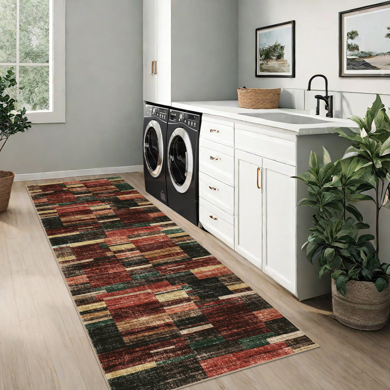 Geometric Washable Area Rugs for Office Home, Red, Rectangle 6' x 9'