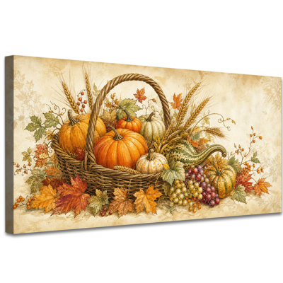 «Harvest Basket Pumpkins Fall», art mural rétro, décoration de l'Action de grâce pour le salon de la cuisine, toile tendue tendue avec châssis, prête à être suspendue, 16 po x 32 po