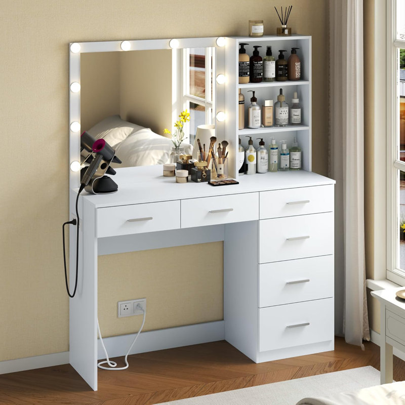 Grand meuble-lavabo 39 pouces avec 3 modes de lumière, multiprise intégrée et 6 tiroirs, Blanc