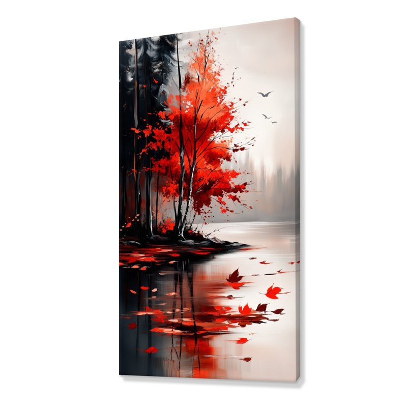 «Red Black Tranquil Autumn Lake Reflections I - River», reproduction d'art encadrée sur toile, H 40 po x l 20 po