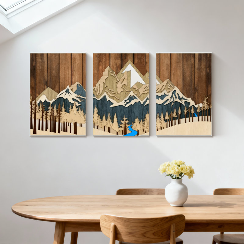 «Landscape & Nature Mountain Forest River Reflection», ensemble de 3 impressions sur toile, H 24 po x l 48 po