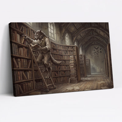 Loup, bibliothèque, lecture, bibliothèque, art mural d'Halloween