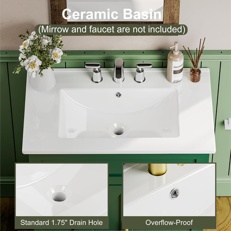 Meuble-lavabo de salle de bain rétro 30 po avec lavabo, organisateur et prises de courant, plantes
