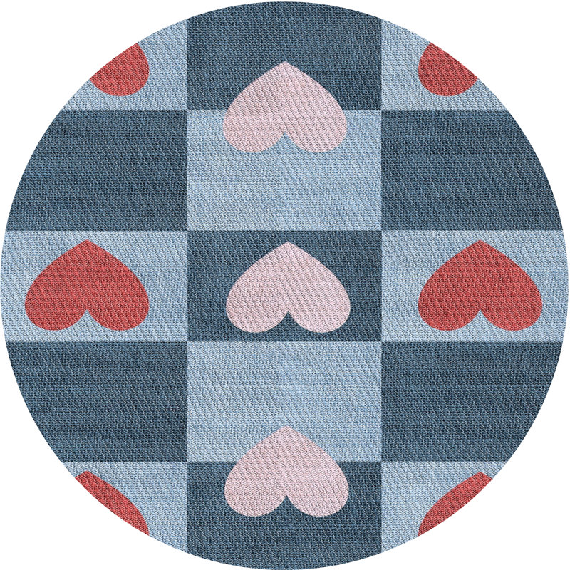 Tapis bleu/rouge/gris à motifs, Rond 4 pi