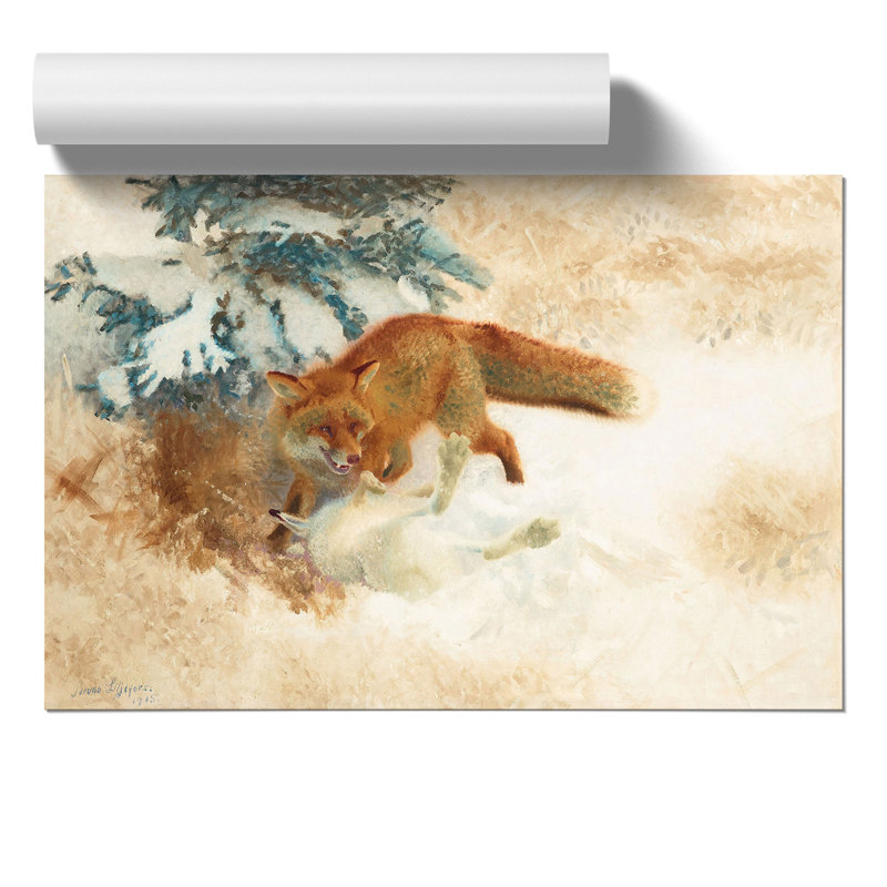 Fox with White Hare by Bruno Liljefors - Frameless Print, 21cm H x 30cm W x 0.1cm D