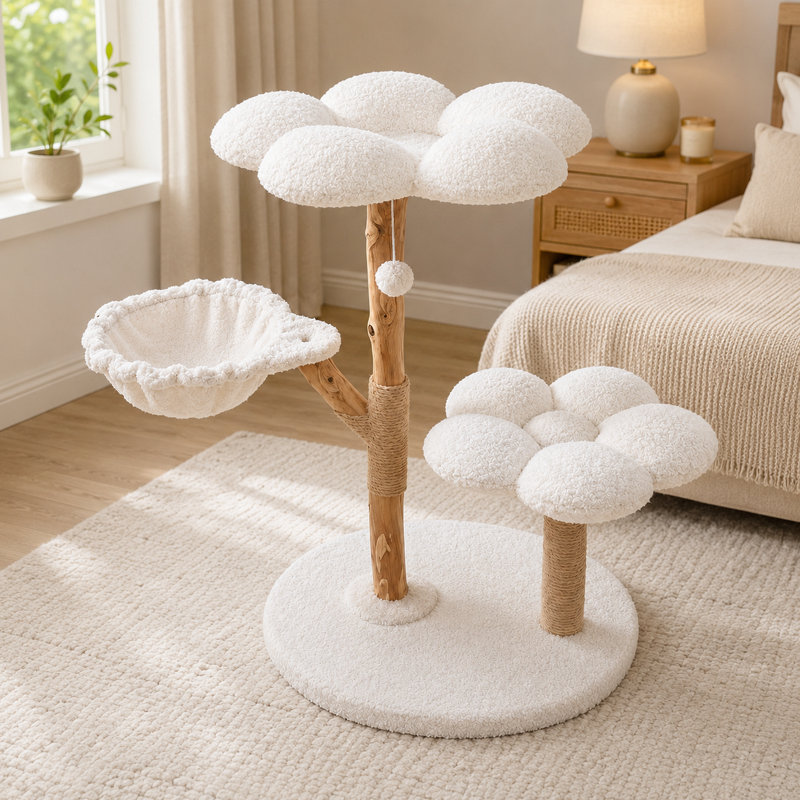 Arbre à chat moderne en forme de fleur avec poteaux en bois naturel, tour de chat stable avec poteaux à griffer en jute et molleton doux, conception à plusieurs niveaux
