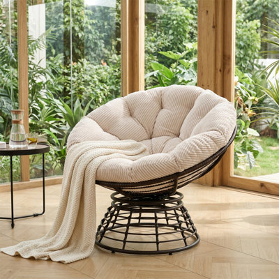 Fauteuil Papasan en osier, fauteuil pivotant intérieur et extérieur en rotin à 360 ° avec coussin moelleux épais
