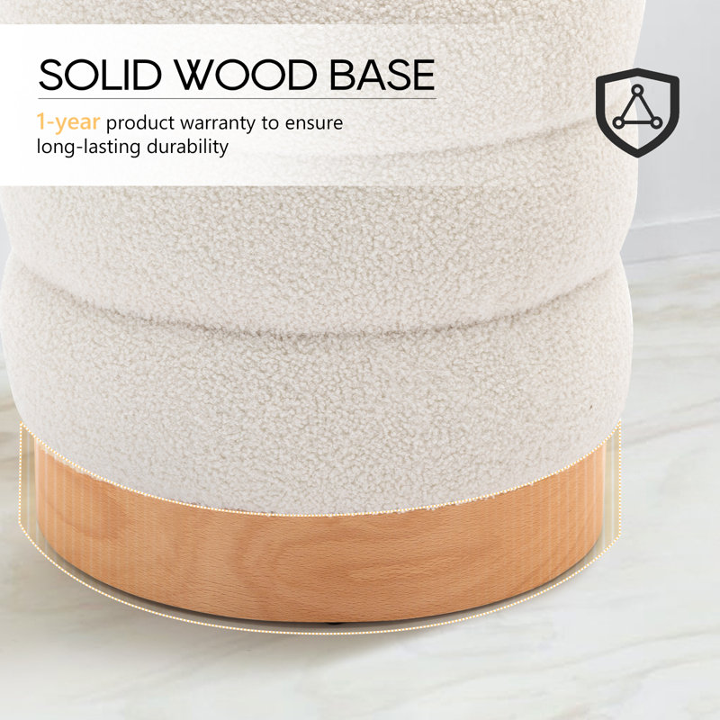 Carra 18'' Wide Round Upholstered Pouf Ottoman, Cream Boucle