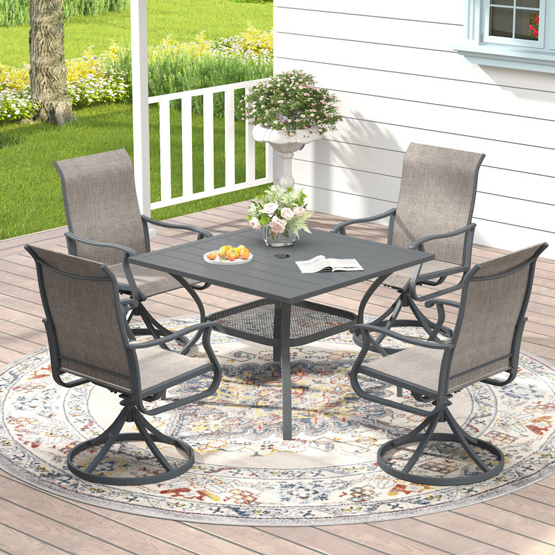 4-Person Patio Dining Set with Square Dining Table with Umbrella Hole and PVC-coated polyester Swivel Chairs, Gray/Gray
