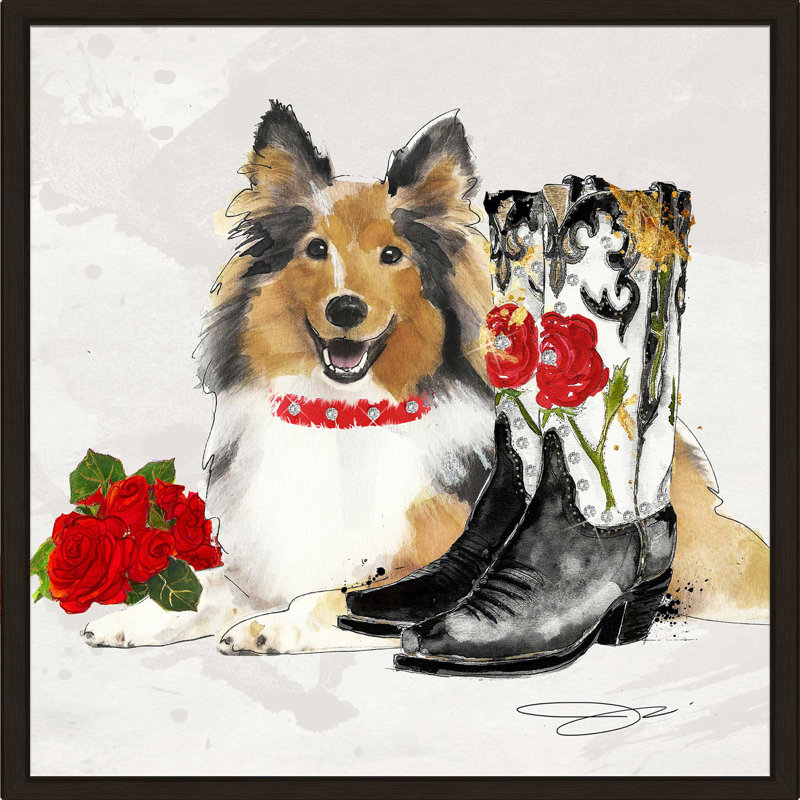 Western Border Collie (Square) par By Jodi - impression, Cadre flottant espresso, H 27,5 po x l 27,5 po x P 2 po