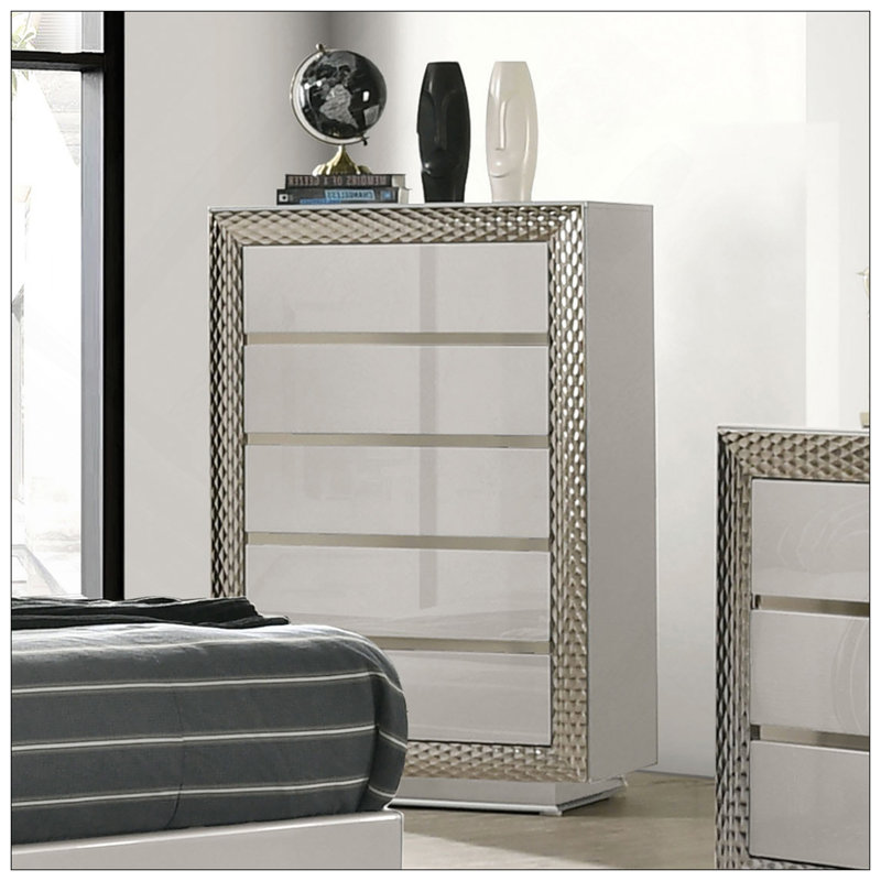 Meuble de chambre de style glam 1pc avec 5 tiroirs et socle en verre, Gris