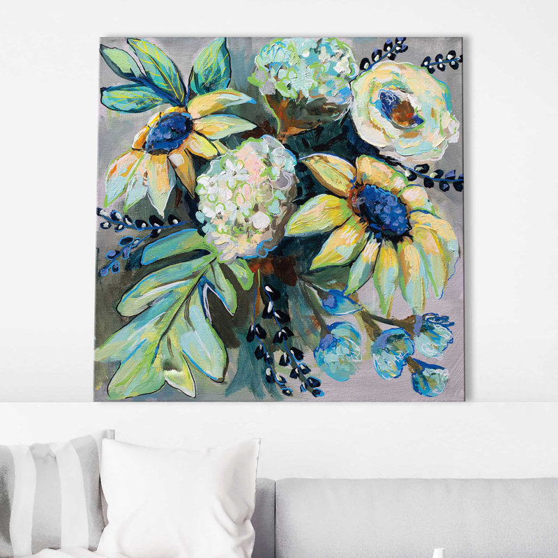 Sauge et tournesols II - Peinture, Toile tendue, H 28 po x l 28 po x P 1,5 po