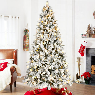 Arbre de Noël 7,5 pi floqué avec 400 lumières DEL colorées avec boule G45, arbre réaliste articulé en PE + PVC + aiguille dure avec fil mémoire, 10 modes d'éclairage, interrupteur au pied et support en métal stable