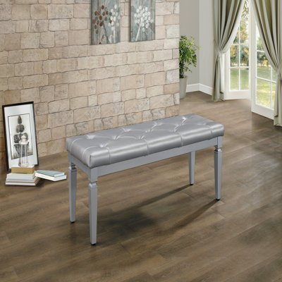 Modern Glam Silver Finish 1Pc Bench Tufted Seat Foam Cushioned Faux Leather Upholstery