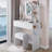 17" Round LED Mirror Vanity Table+Cushioned Stool, Equipped With 2 AC+2 USB Power Socket, Big Mirror, Touch Switch, 3 Colors, Adjustable Brightness, Large Desktop, Multi-Layer High Capacity Storage-1644198312