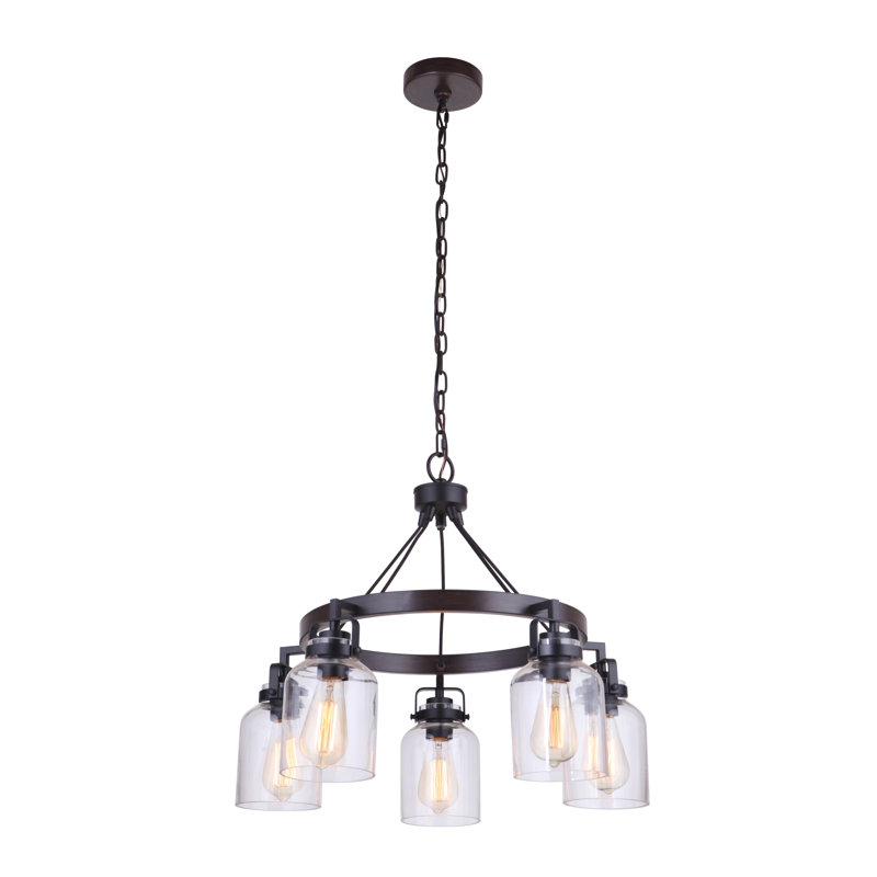 Lustre en roue de chariot Barrera Unique, Noir mat / tek foncé, 5 lumières