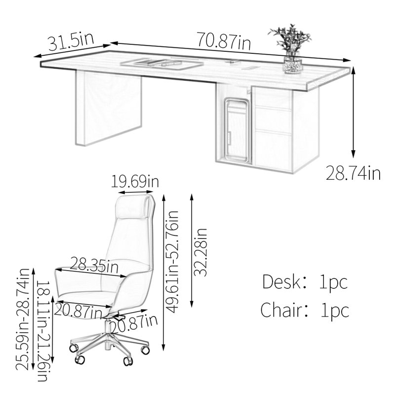 Bureau de qualité supérieure en noyer, H 28,74 po x l 70,87 po x P 31,5 po