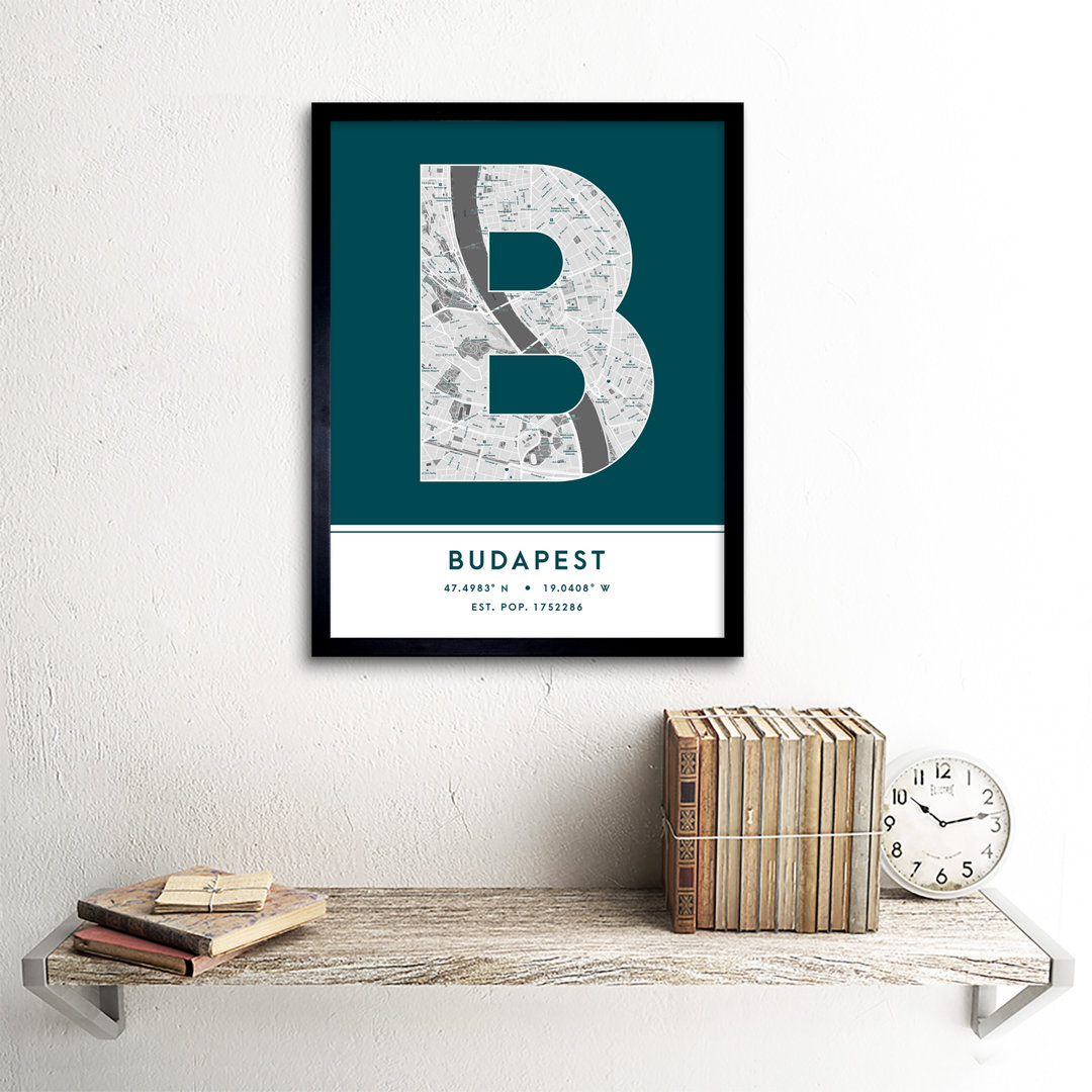 Budapest City Map Budapest Teal by Wee Blue Coo - Single Picture Frame Typography
