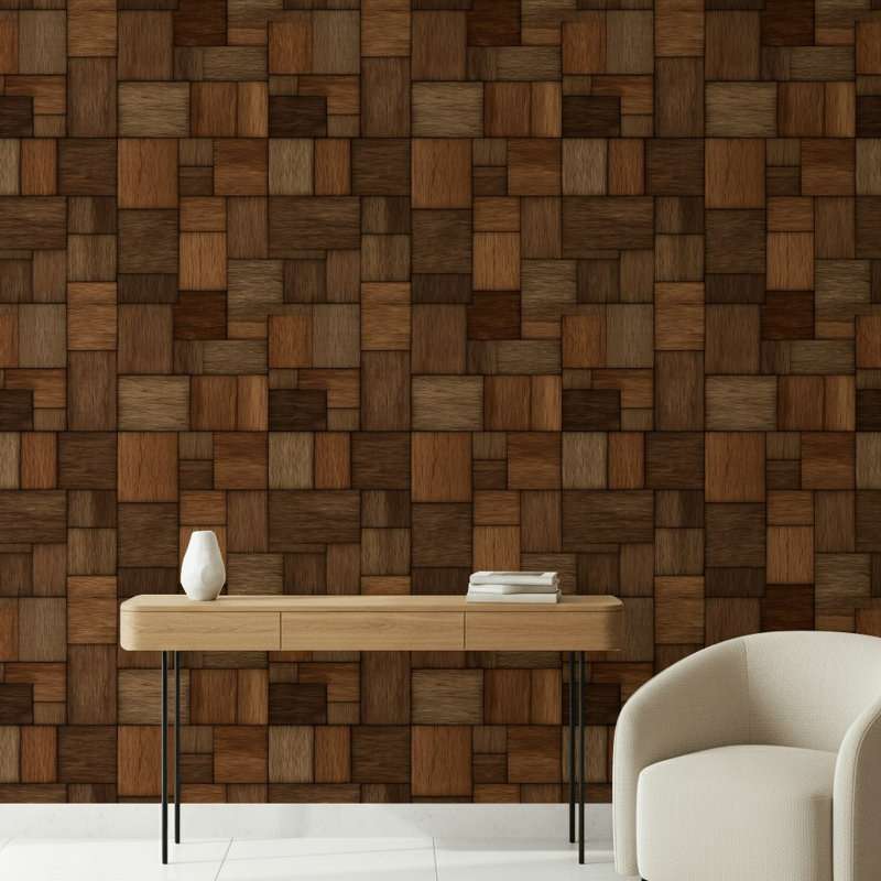 Papier peint patchwork géométrique, motif de parquet en bois foncé, Peel and Stick